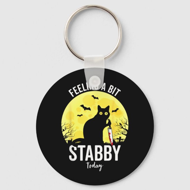 Feeling A Bit Stabby Funny Black Cat Halloween Keychain (Front)