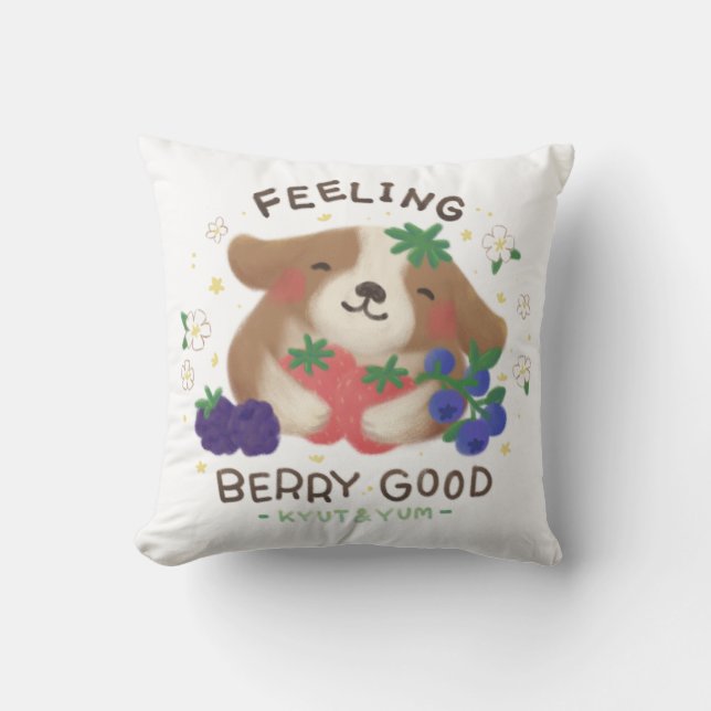 Feeling Berry Good: Cute Dog with Berries Throw Pillow (Front)