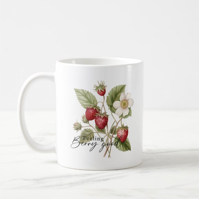 Feeling Berry Good Floral Red Strawberry Monogram Coffee Mug (Left)