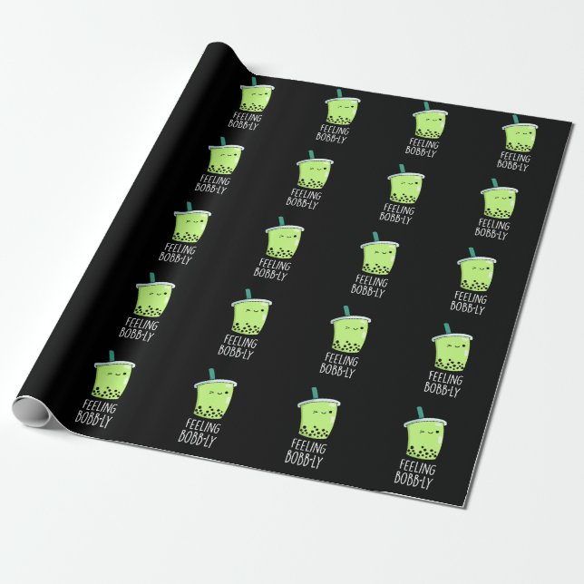 Feeling Bobb-ly Funny Boba Tea Pun Dark BG Wrapping Paper (Unrolled)