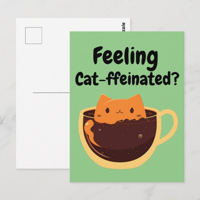 Feeling Cat-ffeinated? Coffee Cat Cartoon Postcard (Front/Back)