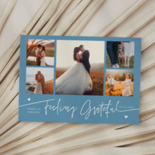 Feeling Grateful Denim Blue Wedding Multi Photo Thank You Card