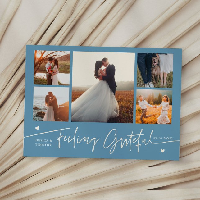 Feeling Grateful Denim Blue Wedding Multi Photo Thank You Card (Creator Uploaded)