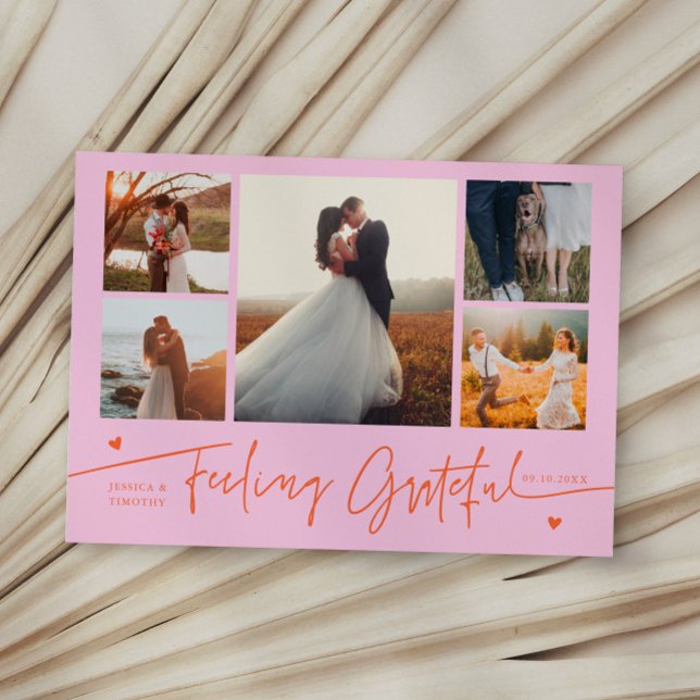Feeling Grateful Orange Pink Wedding Multi Photo Thank You Card (Creator Uploaded)