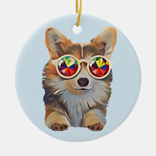 Feeling Groovy Corgi Ceramic Ornament (Front)