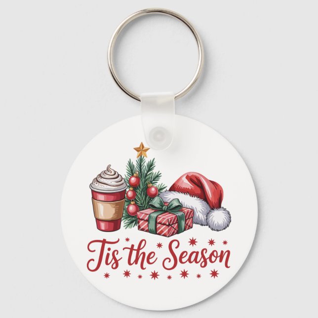 Feeling Jolly Christmas Tree Hot Cocoa Holiday Keychain (Front)