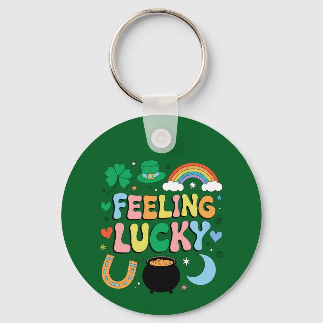 Feeling Lucky St Patricks Day Charm Irish Shamrock Keychain (Front)