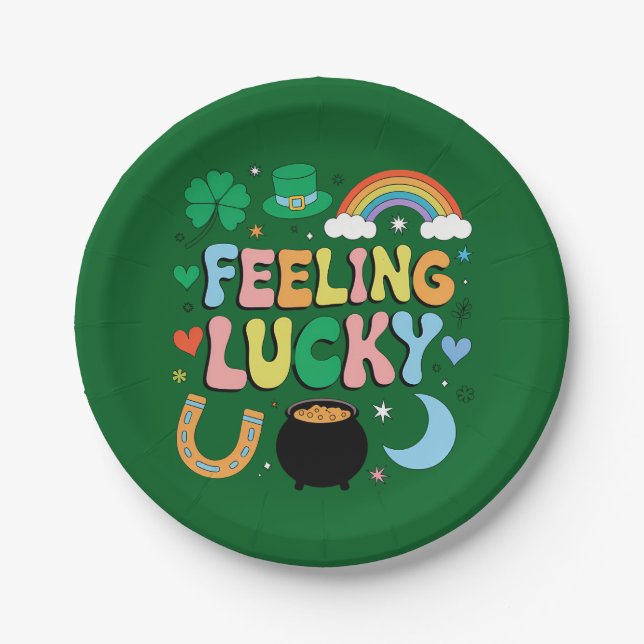 Feeling Lucky St Patricks Day Charm Irish Shamrock Paper Plate (Front)
