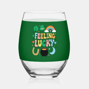 Feeling Lucky St Patricks Day Charm Irish Shamrock Stemless Wine Glass