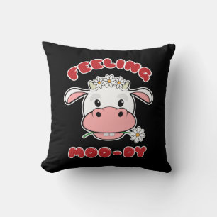 Feeling Moo-dy   Cute Cartoon Cow Quote Throw Pillow