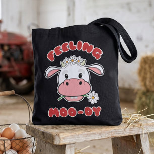 Feeling Moo-dy   Cute Cartoon Cow Quote Tote Bag