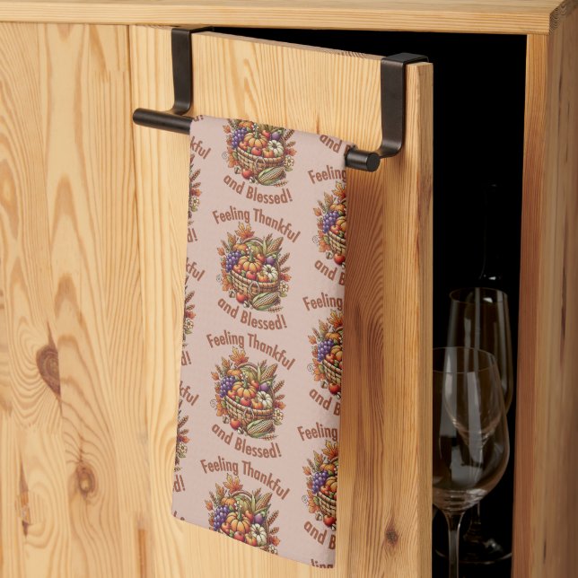Feeling Thankful and Blessed Cornucopia Kitchen Towel (Thirds Fold)