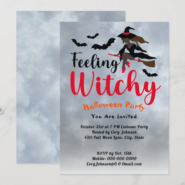 Feeling Witchy Bats Moon Grey Sky Halloween Party Invitation (Front/Back)