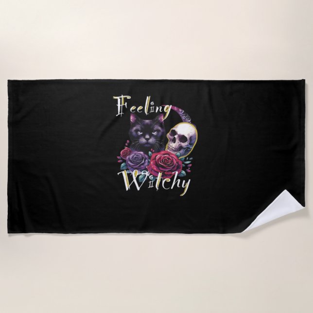 Feeling Witchy Black Cat Classic T-Shirt Beach Towel (Front)