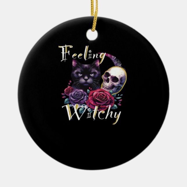 Feeling Witchy Black Cat Classic T-Shirt Ceramic Ornament (Front)