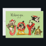 Feelings of Joy Kitten Cats Holiday Xmas Card<br><div class="desc">Six playful cartoon kittens wearing hoiday Christmas hats are playing on giant red letters that spell joy. Text on front reads: "Wishing you... " While on inside are more cute funny cats and a red paw print with text that reads: "... Holiday feelines of Joy - The Catnip Family" Edit...</div>