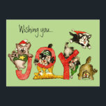 Feelings of Joy Kitten Cats Holiday Xmas Card<br><div class="desc">Six playful cartoon kittens wearing hoiday Christmas hats are playing on giant red letters that spell joy. Text on front reads: "Wishing you... " While on inside are more cute funny cats and a red paw print with text that reads: "... Holiday feelines of Joy - The Catnip Family" Edit...</div>