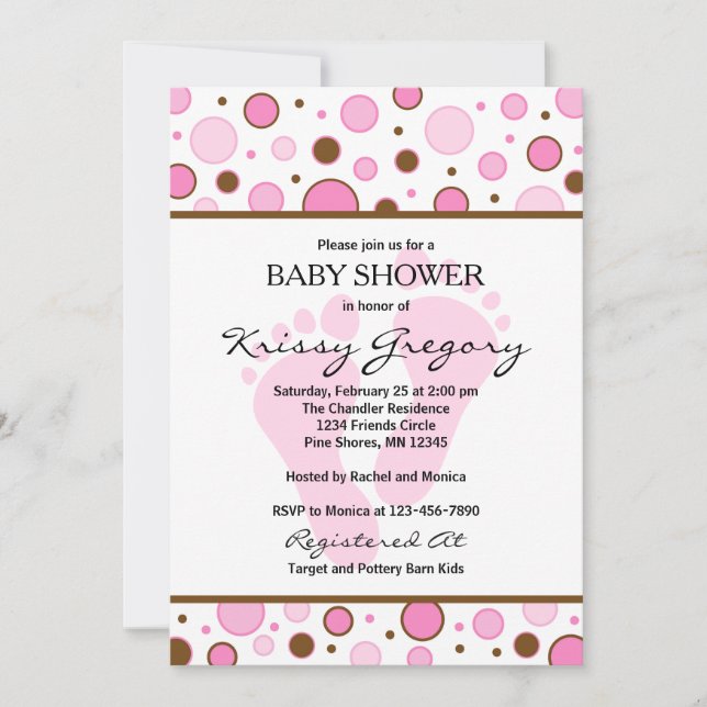 Feet and Dots Pink Baby Shower Invitations (Front)