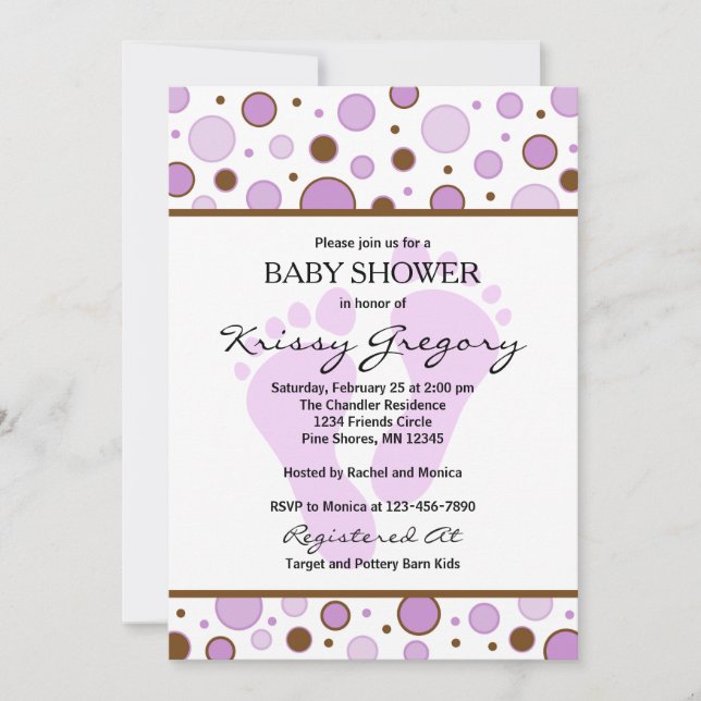Feet and Dots Purple Baby Shower Invitations (Front)