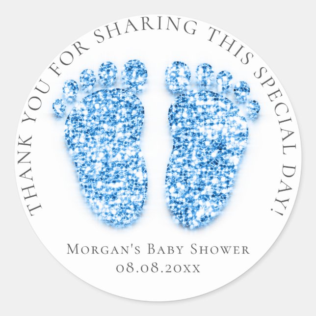 Feet Baby Shower Favour Thank Glitter Royal Blue Classic Round Sticker (Front)