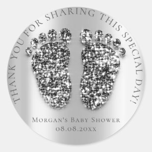 Feet Baby Shower Favour Thank Glitter Silver Grey Classic Round Sticker