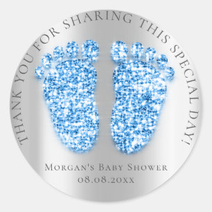 Feet Baby Shower Favour Thank Silver Royal Blue Classic Round Sticker
