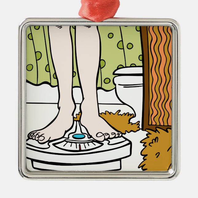 Feet Standing on Bathroom Scale Cartoon Metal Ornament (Front)