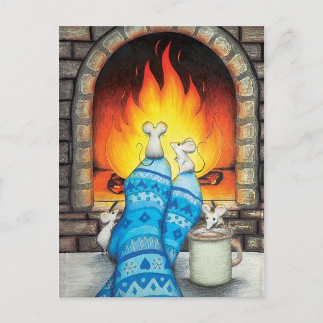 Feet Up Fireplace Mice on Socks Postcard (Front)