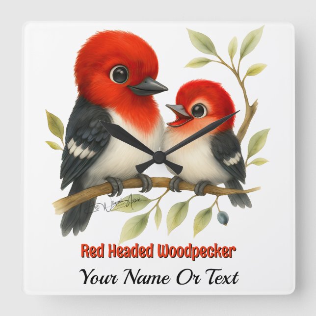 Feisty Red-headed Woodpecker Square Wall Clock (Front)