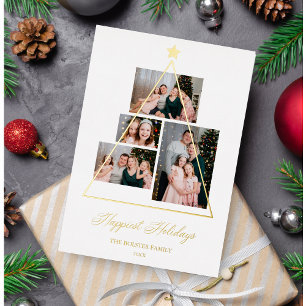 Felices Fiestas Familia Árbol de Navidad 4 Fotos Foil Holiday Card