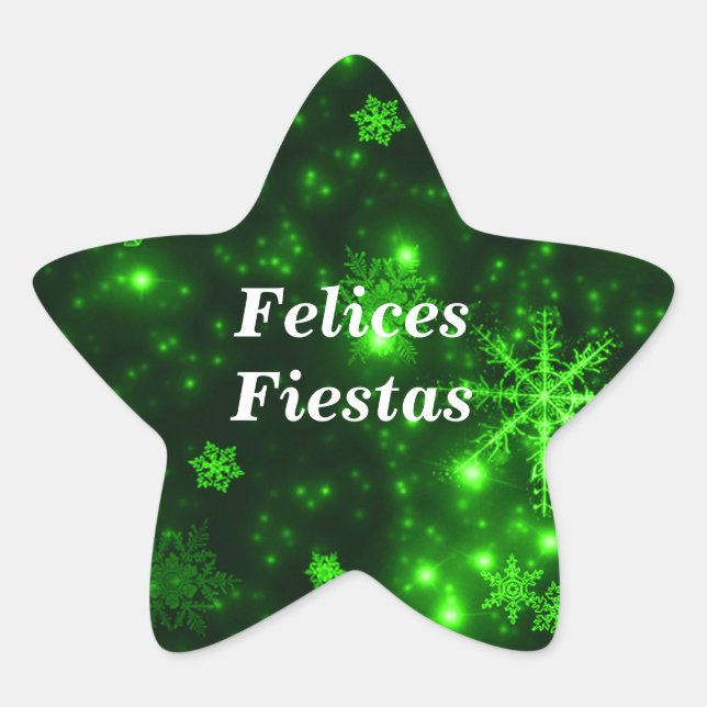 Felices Fiestas Snowflakes Green Star Stickers (Front)