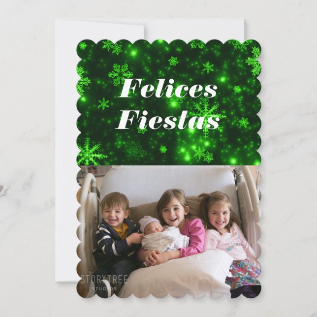 Felices Fiestas Snowflakes with Green Flat Card (Front)