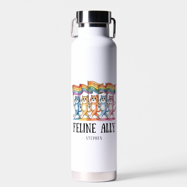 Feline Ally – Rainbow Cat LGBTQ Pride Water Bottle (Front)