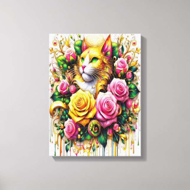 Feline Amidst a Vibrant Floral Bloom 12x16 Canvas Print (Front)