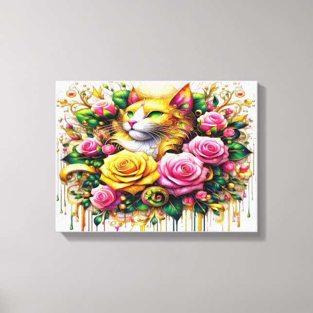 Feline Amidst a Vibrant Floral Bloom 16x12 Canvas Print (Front)