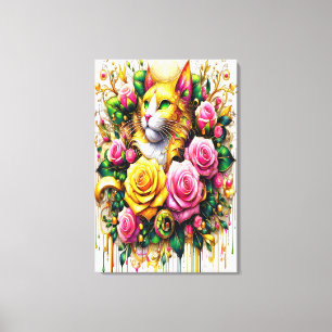 Feline Amidst a Vibrant Floral Bloom 24x36 Canvas Print