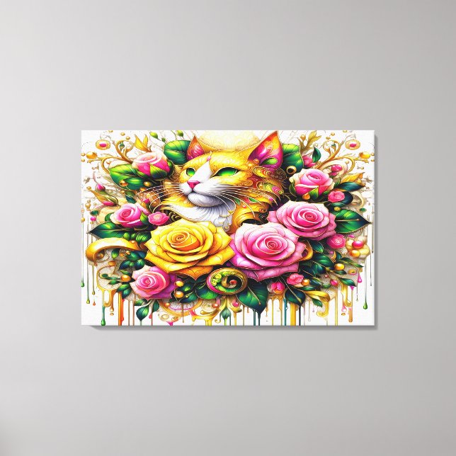 Feline Amidst a Vibrant Floral Bloom 36x24 Canvas Print (Front)