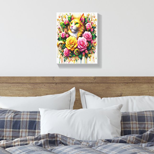 Feline Amidst a Vibrant Floral Bloom 8x10 Canvas Print (Insitu(Bedroom))