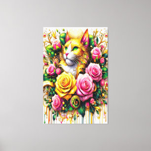 Feline Amidst a Vibrant Floral Bloom Canvas Print