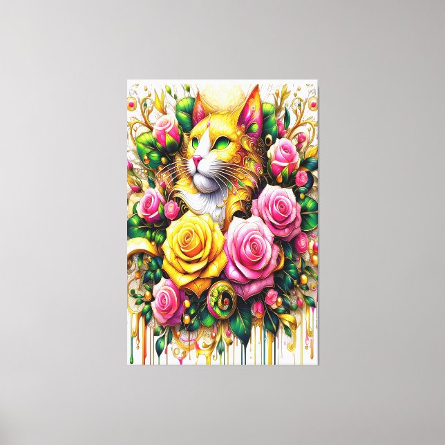 Feline Amidst a Vibrant Floral Bloom Canvas Print (Front)