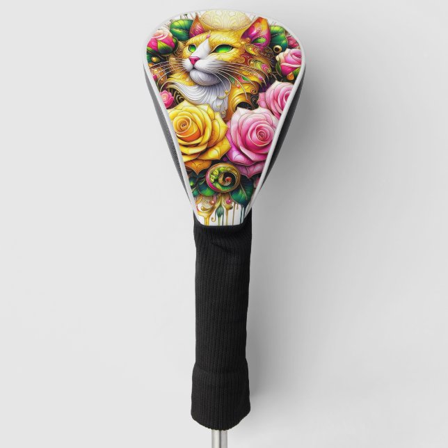 Feline Amidst a Vibrant Floral Bloom Golf Head Cover (Front)