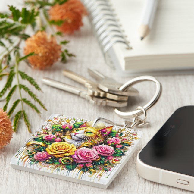 Feline Amidst a Vibrant Floral Bloom Keychain (Front Right)