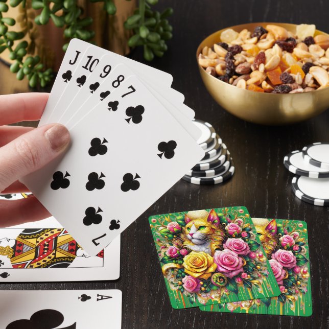Feline Amidst a Vibrant Floral Bloom Playing Cards (In Situ)