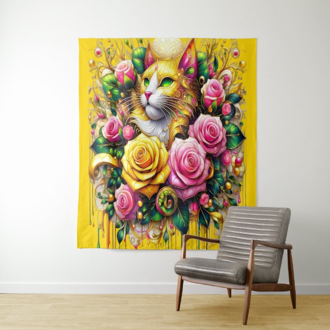 Feline Amidst a Vibrant Floral Bloom Tapestry (In Situ)