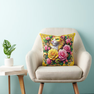 Feline Amidst a Vibrant Floral Bloom Throw Pillow