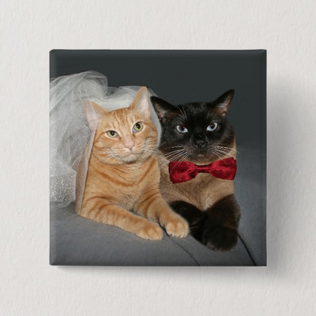 Feline bride and groom 2 inch square button (Front)