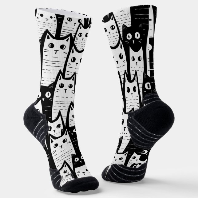 Feline Fancy: Black and White Cat Patterned Socks (Angled)