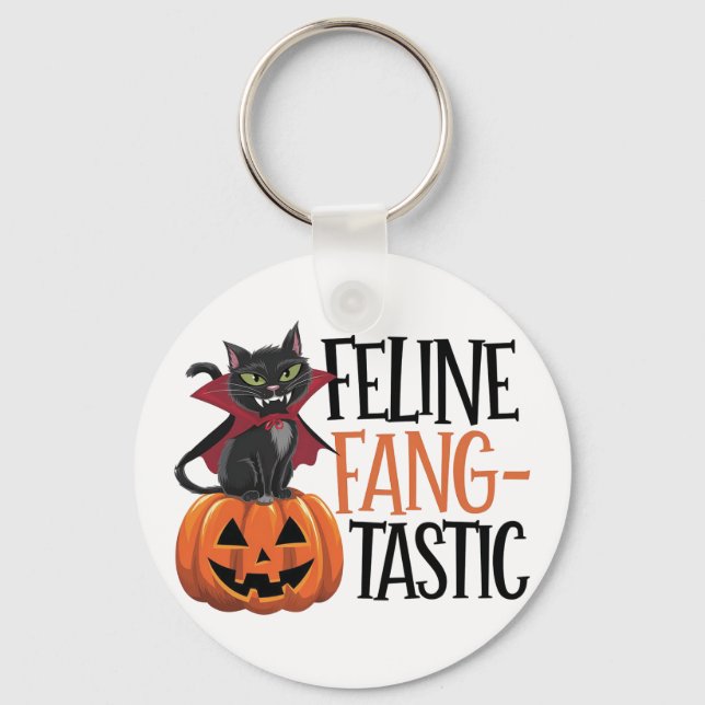 Feline Fang-tastic Halloween Vampire Cat Design Keychain (Front)