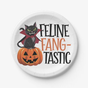 Feline Fang-tastic Halloween Vampire Cat Design Paper Plate