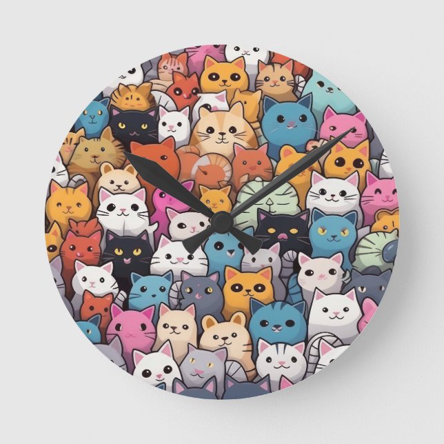 Feline Fantasy: Cute Anime Cats Galore Round Clock (Front)